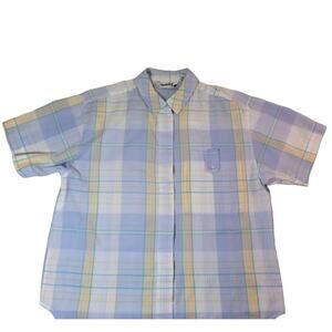VTG Diane von Furstenberg Blue Plaid Blouse M Single Stitch